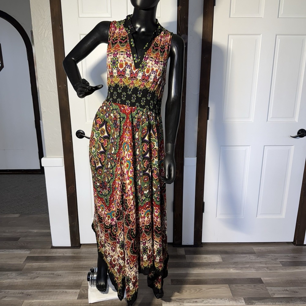 Bila Boho Dress M 100% Rayon India Floral Smocked Waist Maxi Handkerchief Hem
